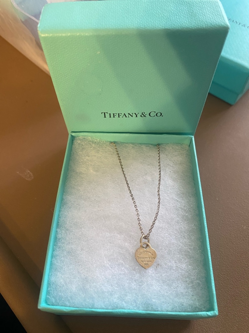 Authentic Tiffany & Co. Silver Mini heart Pendant 18”Necklace Signature Blue Box